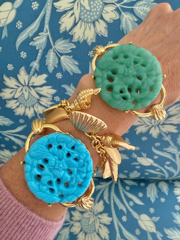 Contemporary Carved Lucite Green Disk Bracelet