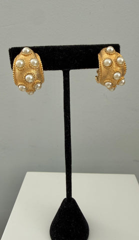 Boucher Brushed Gold & Pearl Clip On Hoop Earrings