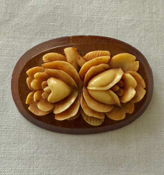 Wood & Carved Resin Flower Brooch