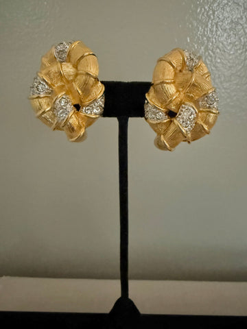 Gold Plated Rhinestone Knot Clip On Earrings