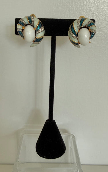 Jomaz Enamel Clip On Earrings with White Lucite Cabochon