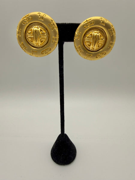 Matte Gold Zodiac Disk Clip On Earrings
