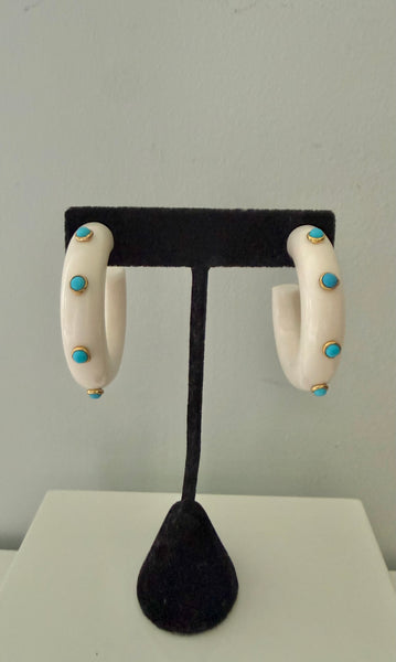 White Lucite Hoop Post Earrings with Turquoise Cabochons