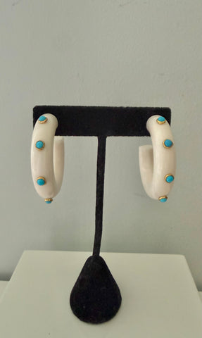 White Lucite Hoop Post Earrings with Turquoise Cabochons