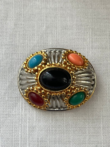 Silver & Gold Colorful Cabochon Brooch