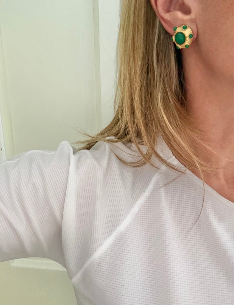 Reserved: Green Cabochon Clip On Earrings