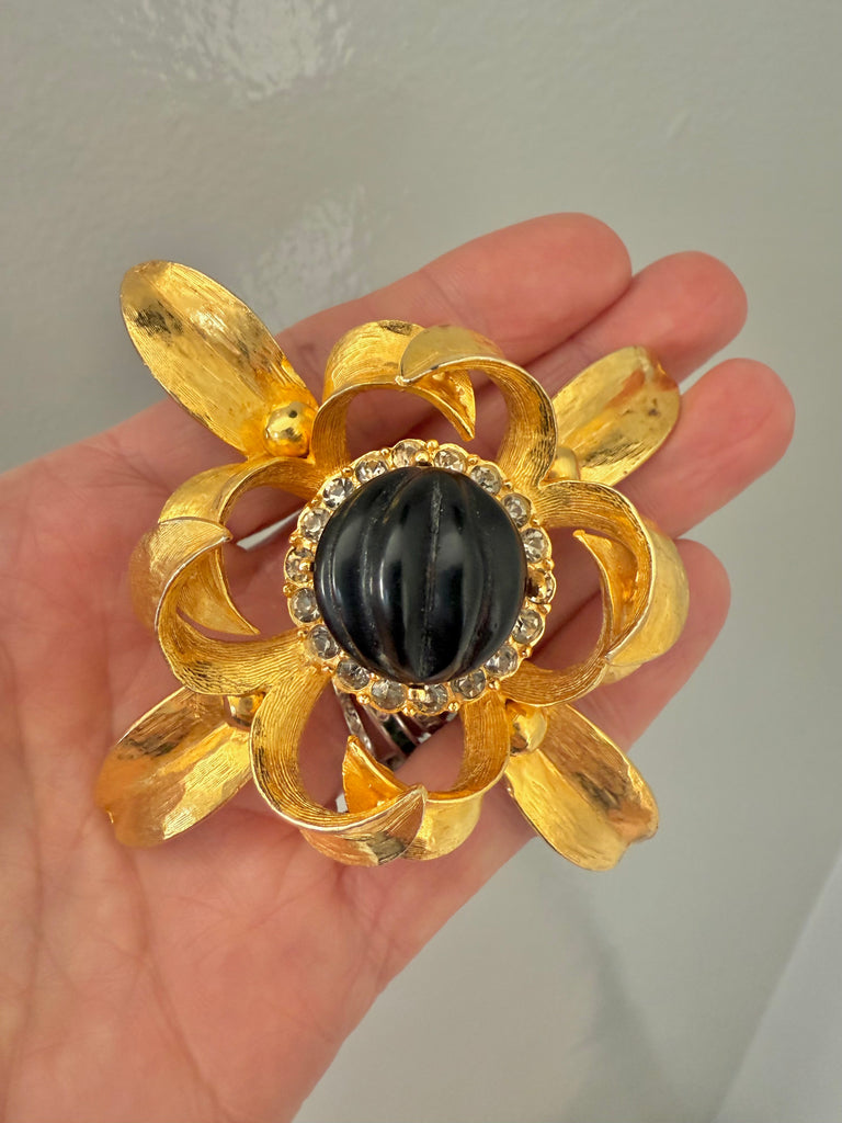 Large Gold Brooch with Carved Center Stone