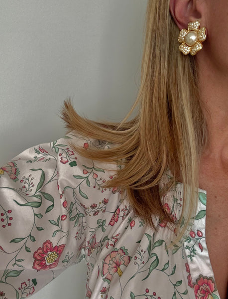 Rhinestone & Pearl Flower Clip On Earrings