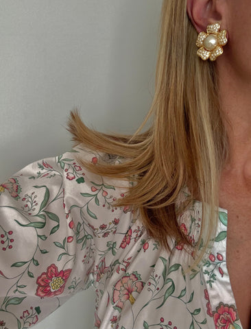 Rhinestone & Pearl Flower Clip On Earrings