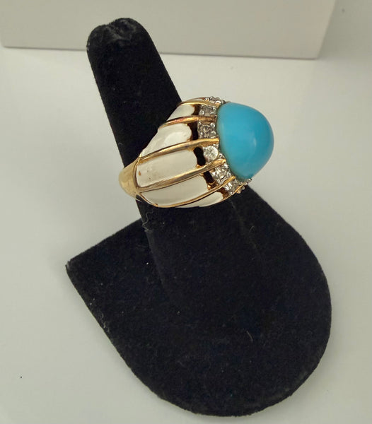 Mazer Enamel & Turquoise Cabochon Ring Size 6.5