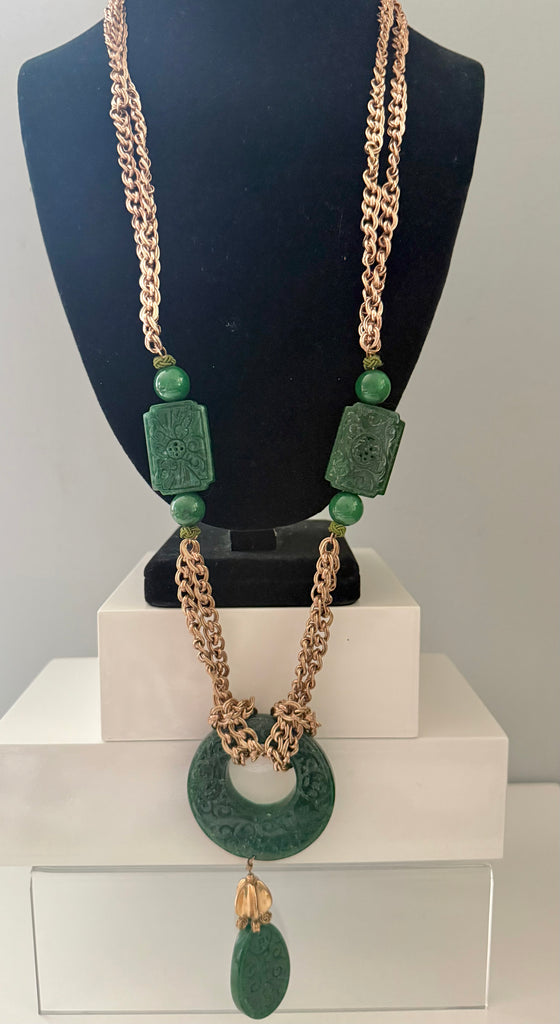 Carved Green Resin Statement Necklace