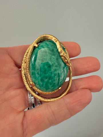 Polished Green Stone Brooch with Snake
