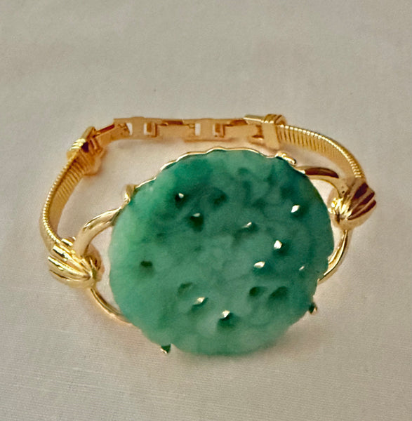 Contemporary Carved Lucite Green Disk Bracelet