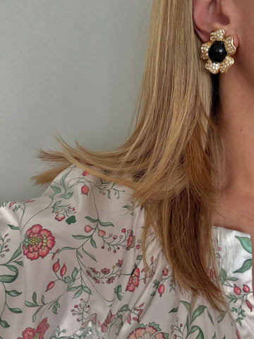 Rhinestone & Black Glass Flower Clip On Earrings