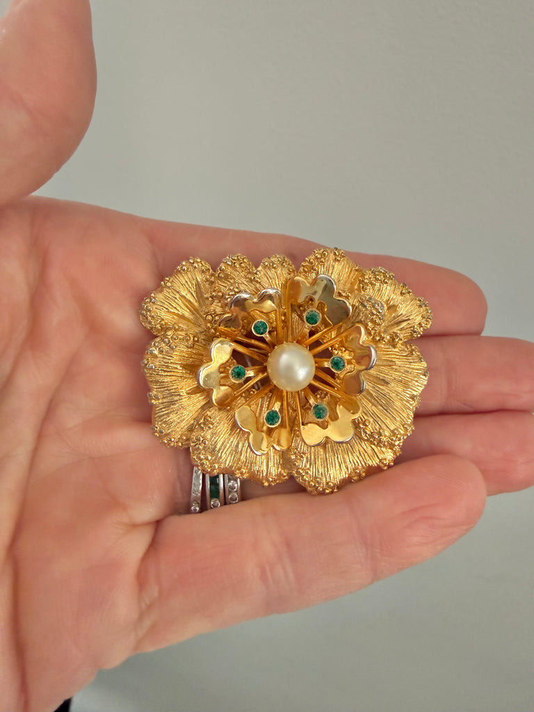 Gold Flower Brooch with Pearl and Emerald Accents