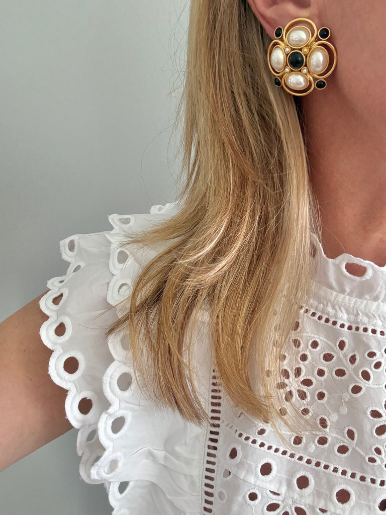 Pearl Clip On Earrings with Black Accents