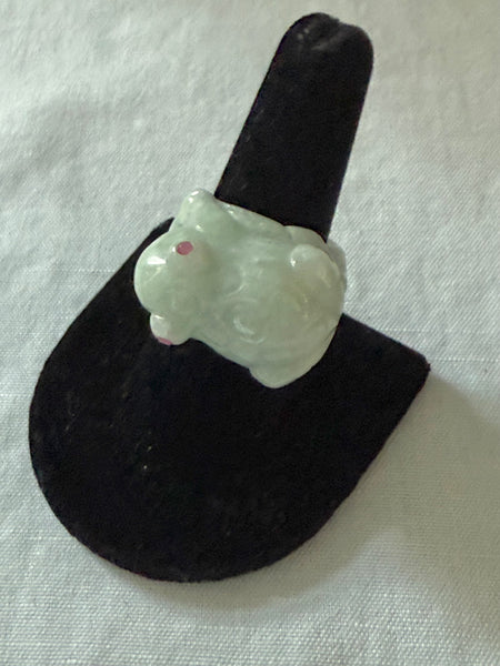 Carved Jade Frog Ring with Genuine Ruby and Pearl Size 8