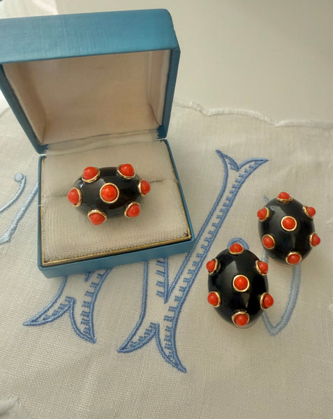 Replica Italy Black & Coral Cabochon Ring Size 8.5