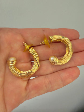 Gold Post Hoops with Cabochon Pearl Detail
