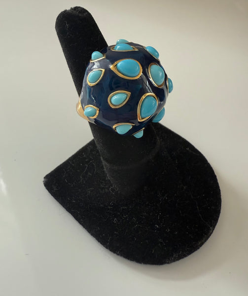Large Blue Enamel & Resin Turquoise Ring Size 6.5