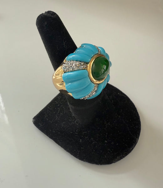Carved Turquoise Resin & Green Glass Ring Size 8