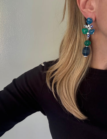 Blue & Green Carved Resin Post Dangle Earrings