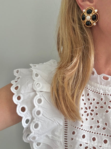 Black and Pearl Clip On Earrings
