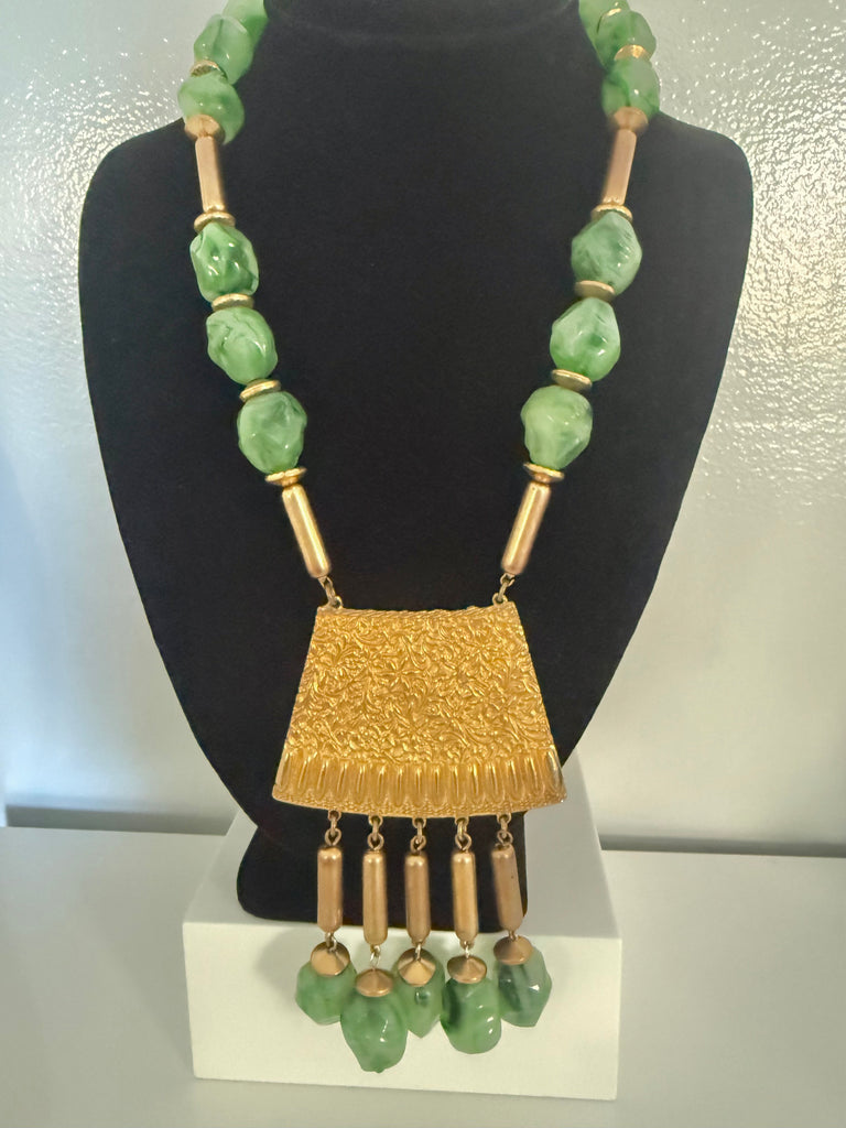 Green Lucite Beaded Etruscan Necklace