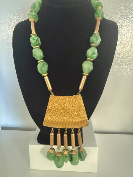 Green Lucite Beaded Etruscan Necklace