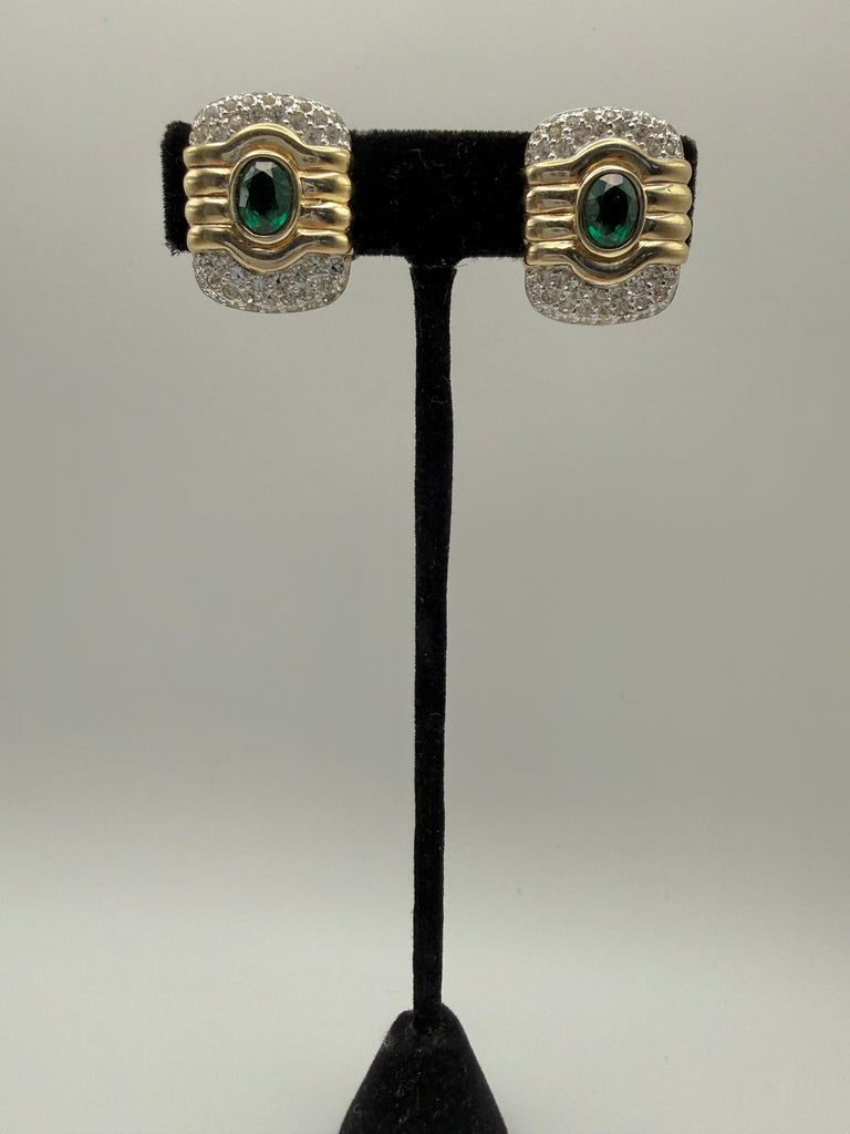 Panetta Emerald Cabochon & Rhinestone Clip On Earrings