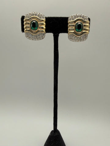 Panetta Emerald Cabochon & Rhinestone Clip On Earrings