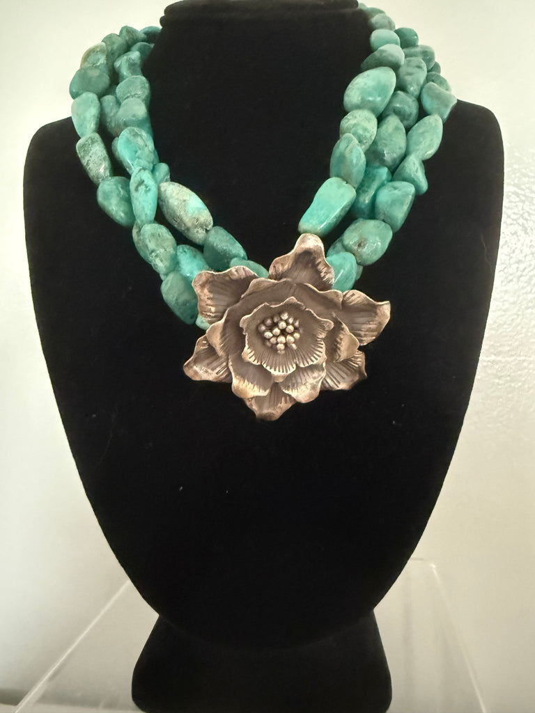 Sterling Silver Flower Necklace on Genuine Turquoise