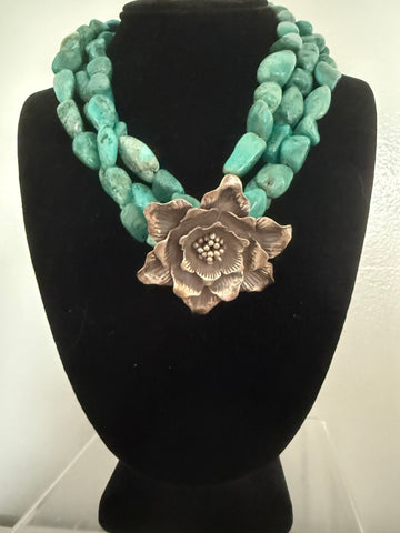 Sterling Silver Flower Necklace on Genuine Turquoise