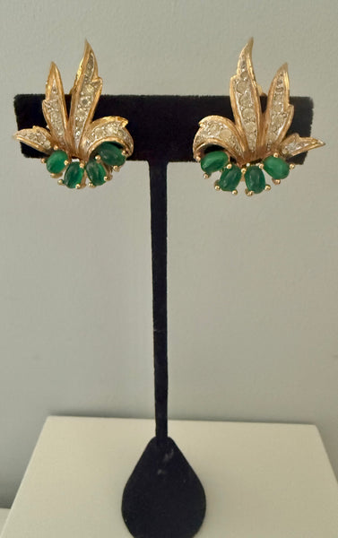 Jomaz Green Glass Cabochon & Rhinestone Clip On Earrings