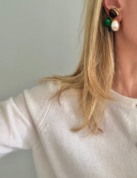 Ciner Cabochon Clip On Earrings with Pearl