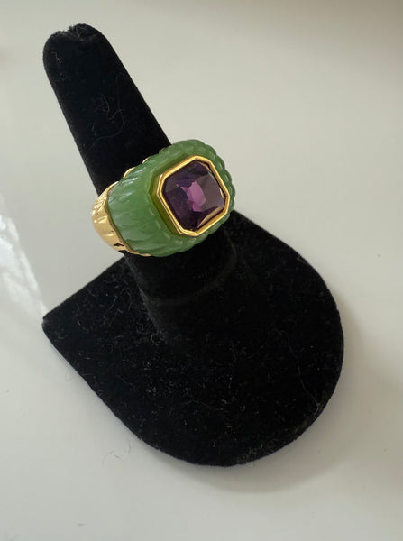 Carved Resin & Amethyst Glass Ring Size 8