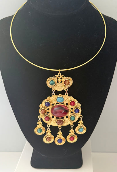 Colorful Etruscan Cabochon Pendant on Choker Wire