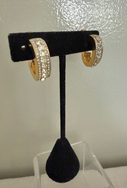 Trifari Channel Cut Rhinestone Hoop Clip On Earrings