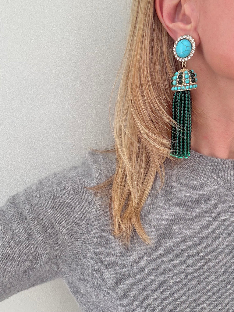 Large Contemporary Turquoise & Green Tassel Clip On Earrings