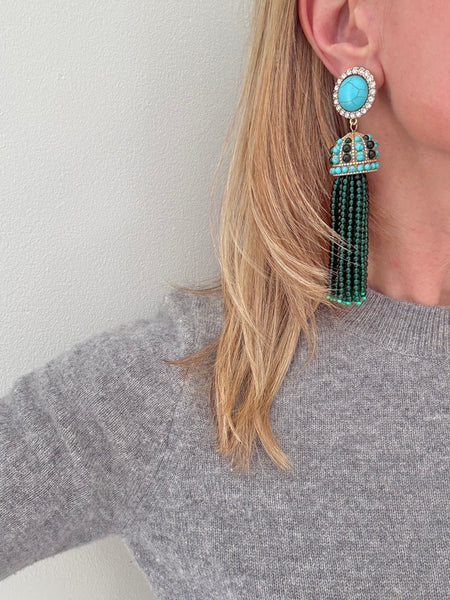 Large Contemporary Turquoise & Green Tassel Clip On Earrings