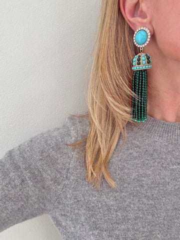 Large Contemporary Turquoise & Green Tassel Clip On Earrings