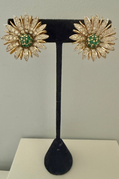 Jomaz Green & Rhinestone Flower Clip On Earrings