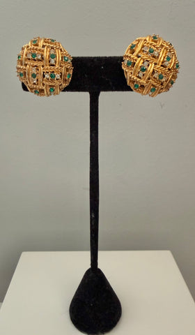 Boucher Green & Rhinestone Clip On Earrings