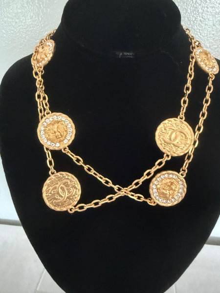 Chanel Double Sided Necklace - Lion Face with Rhinestones and CC Logo Disks