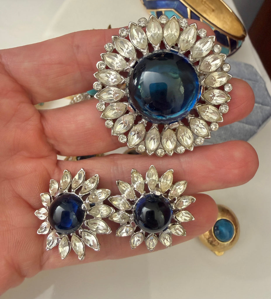 Reserved: Trifari Sapphire Earring and Brooch Set