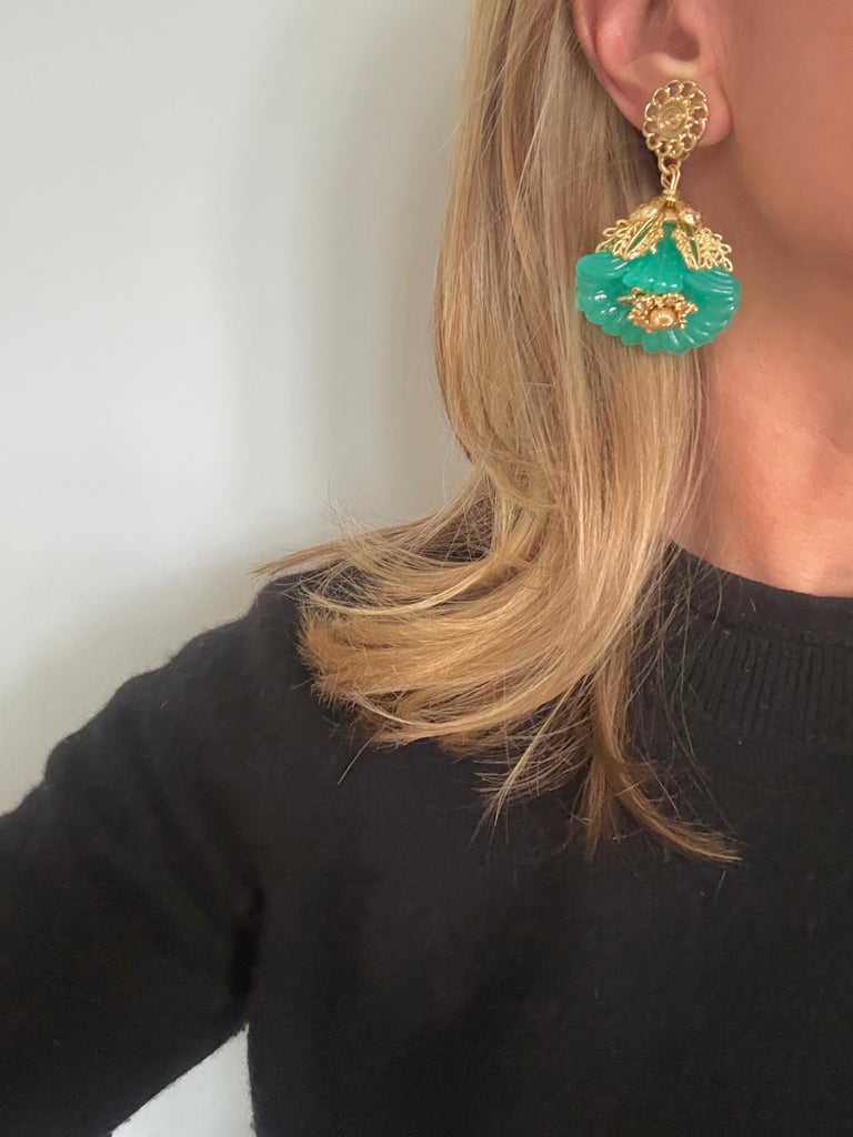 Green Resin Flower Dangle Clip On Earrings