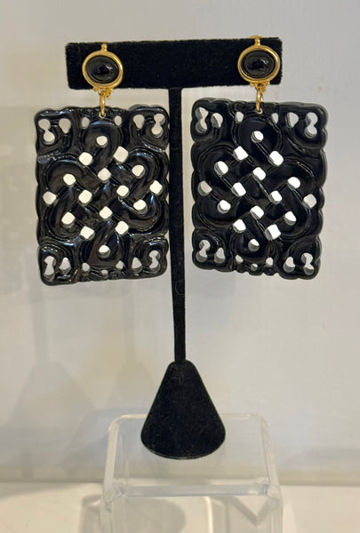 Kenneth Jay Lane Black Carved Resin Clip On Earrings