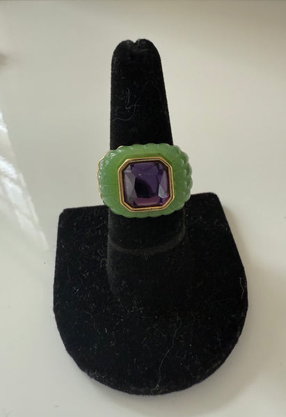 Carved Resin & Amethyst Glass Ring Size 8