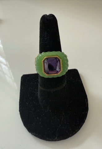 Carved Resin & Amethyst Glass Ring Size 8