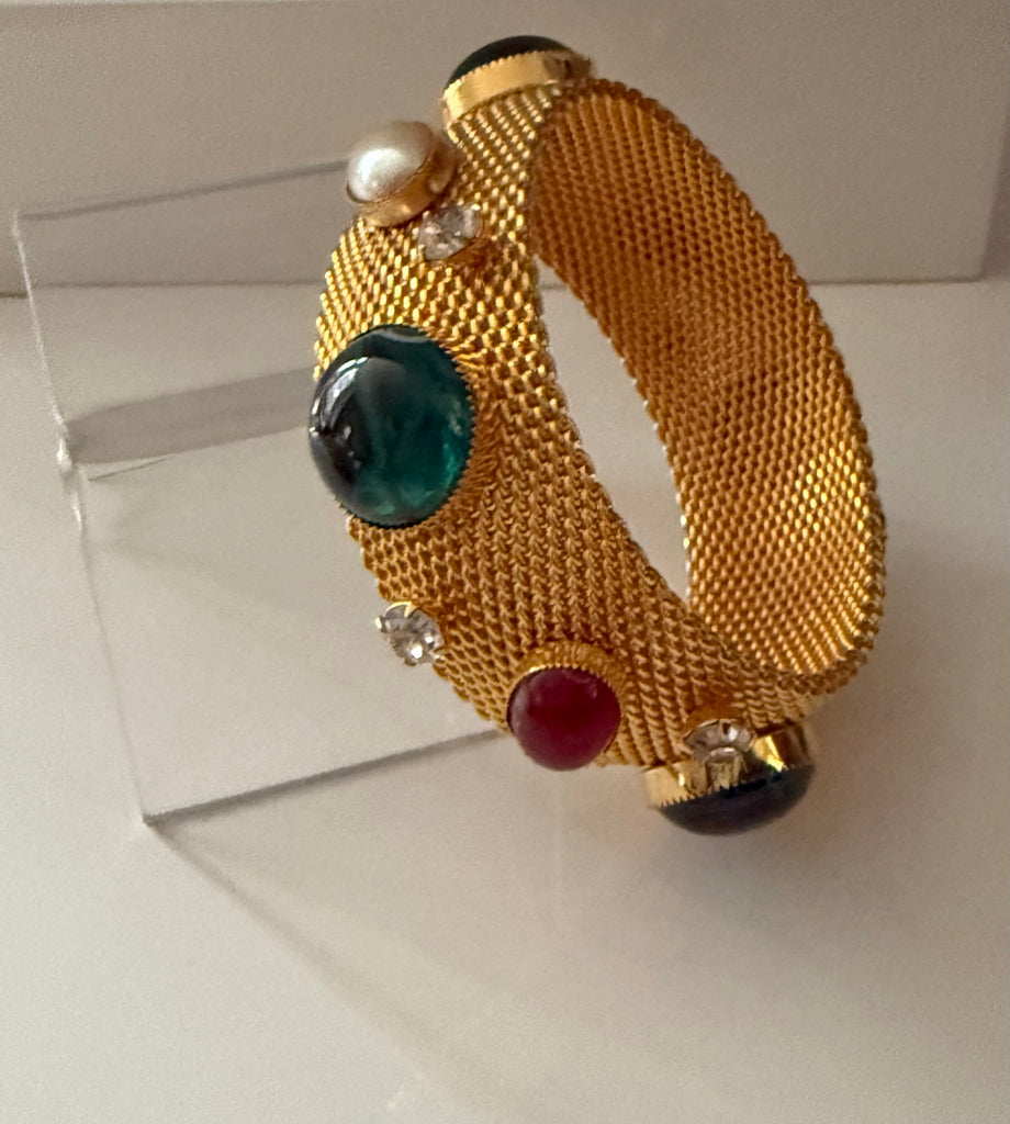 Mesh Bangle Bracelet with Green, Red & Pearl Cabochons